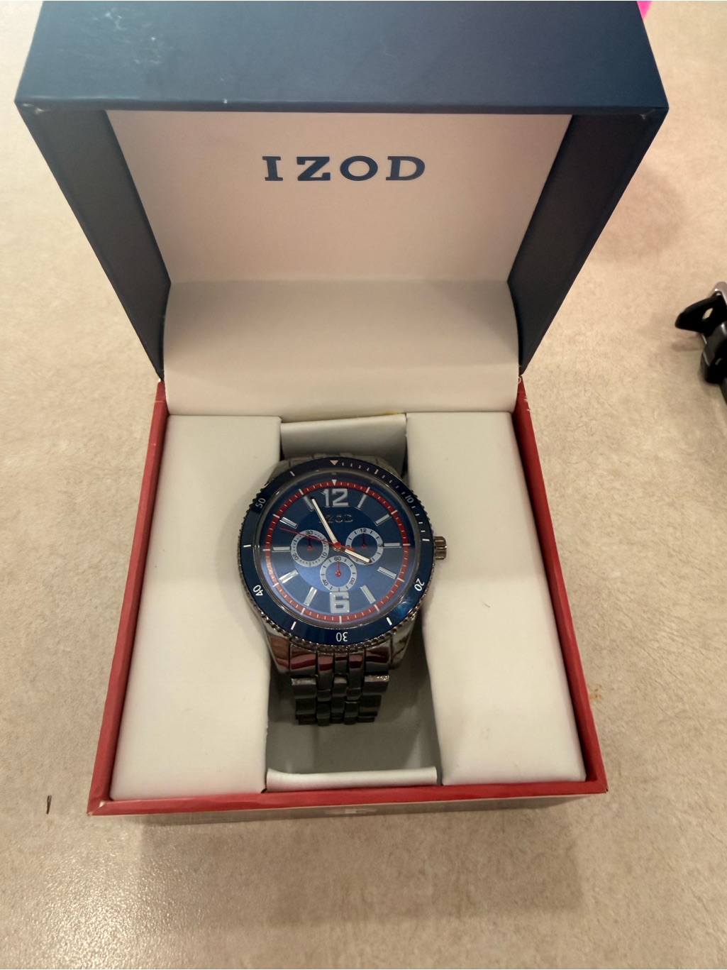 Izod Blue Dial Stainless Steel Chronograph Watch With Red Accents